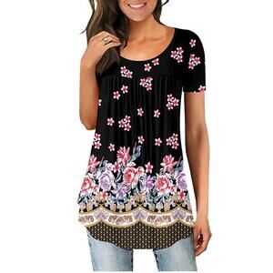 NEW Women’s Pleated Floral Loose Fitting Flared Short Sleeve Tunic Blouse